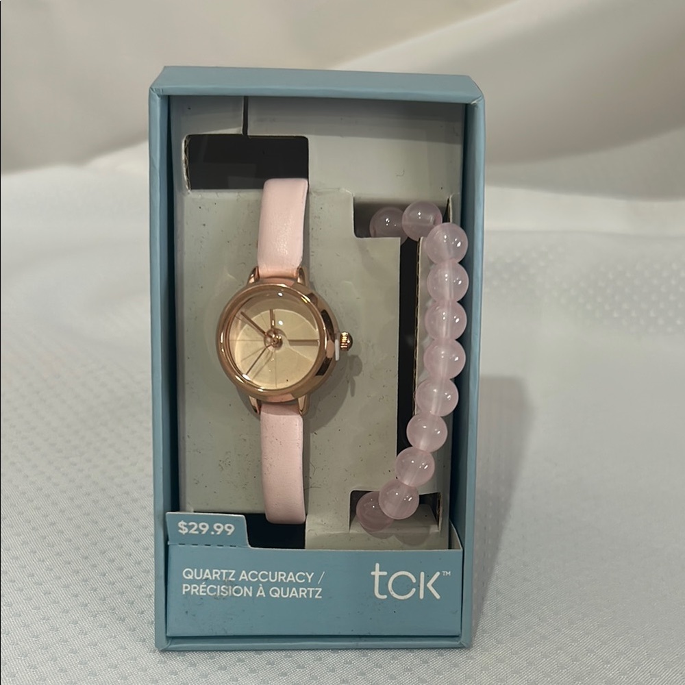 TCK Pink Quartz Wrist Watch and Bracelet Set